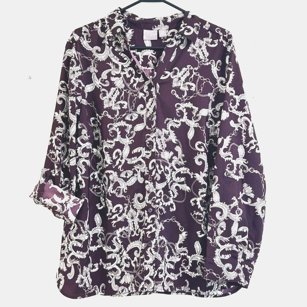 Chico's Women Button Down Shirt Top Purple White Chain Belt Print Size 2=Large